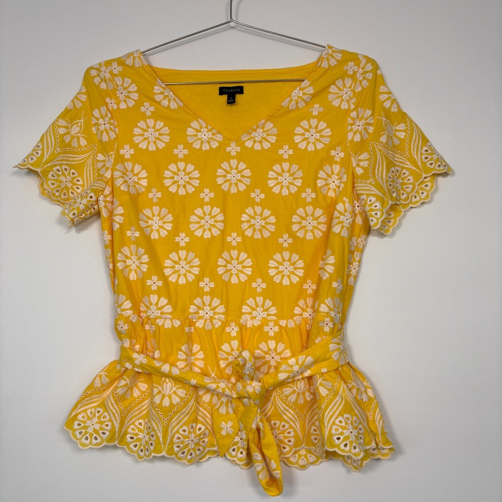 Talbots Women Peplum Blouse 6 Yellow Floral Eyelet Short Sleeve Cotton VN5084